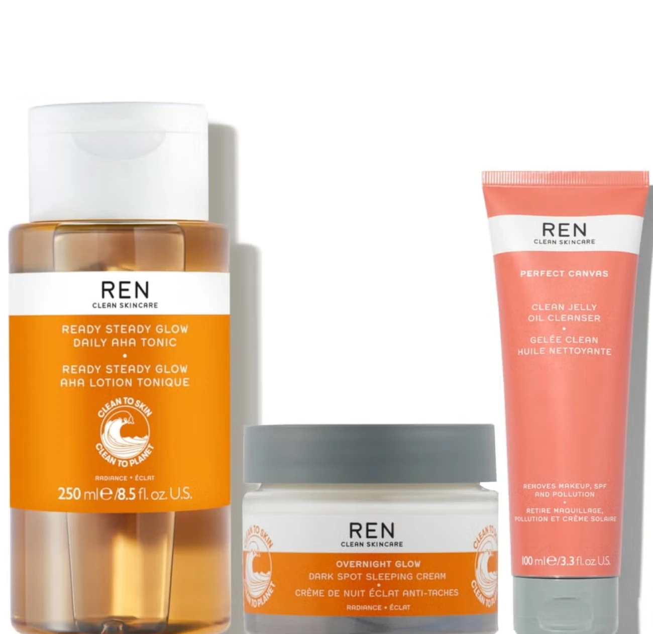 REN Clean Skincare Good to Glow Trio - brightening and hydrating skincare gift set.