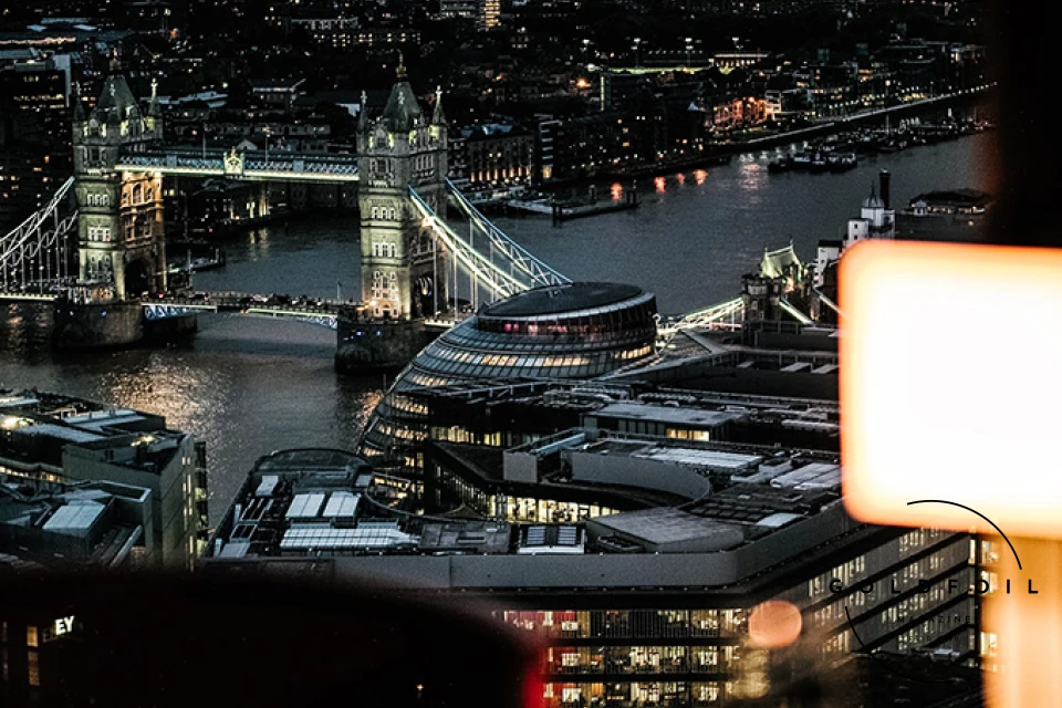 An aerial photo of the Oblix at the shard east offering a varied menu in one of the highest points in London An aerial photo of the Oblix at the shard east offering a varied menu in one of the highest points in London